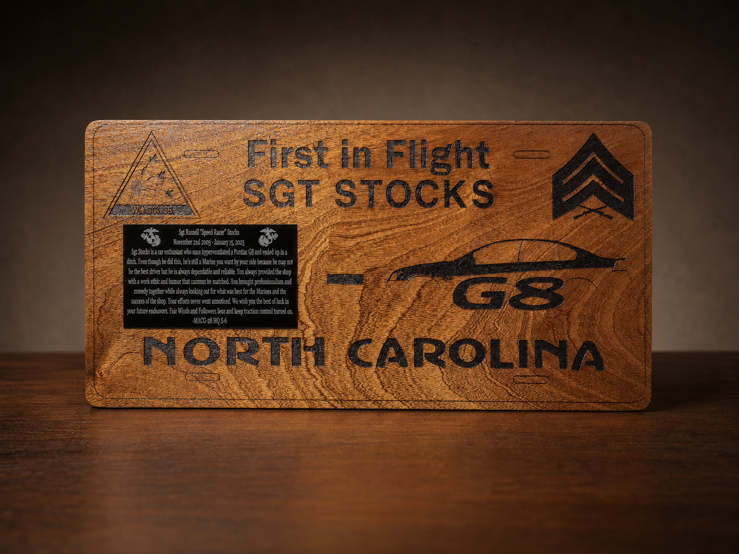 First in Flight Retirement Plaque handcrafted by Figtree Customs